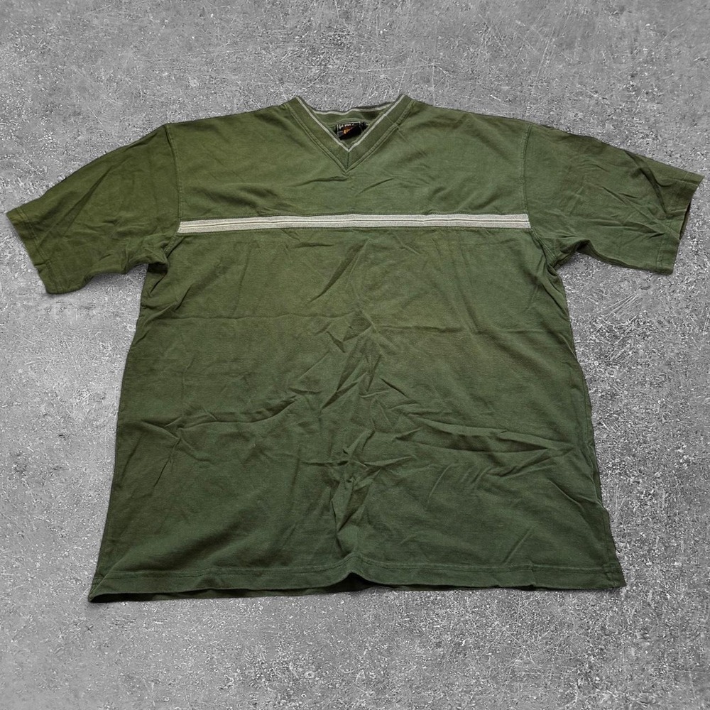 Route 66 Mens Olive Green Striped V-Neck Cotton T-Shirt Size Large